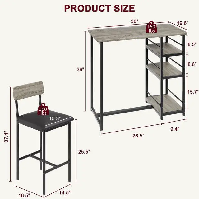 Alt view image 2 of 6 - Bar Table and Chair Set with Three Shelves Small 2-Person Dining Table with 2 upholstered stools with backrests Suitable for Restaurants and bistros - Gray