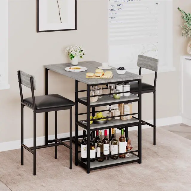 Alt view image 6 of 6 - Bar Table and Chair Set with Three Shelves Small 2-Person Dining Table with 2 upholstered stools with backrests Suitable for Restaurants and bistros - Gray