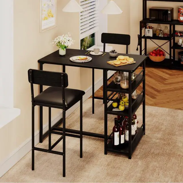 Main image of Bar Table and Chair Set with Three Shelves Small 2-Person Dining Table with 2 upholstered stools with backrests Suitable for Restaurants and bistros -Black