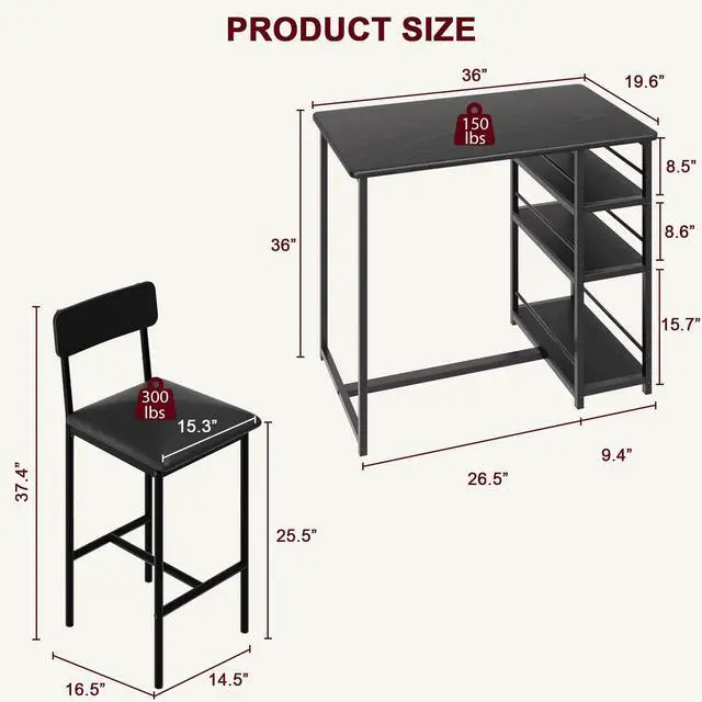 Alt view image 2 of 6 - Bar Table and Chair Set with Three Shelves Small 2-Person Dining Table with 2 upholstered stools with backrests Suitable for Restaurants and bistros -Black