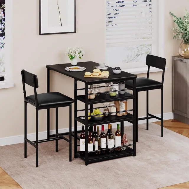 Alt view image 5 of 6 - Bar Table and Chair Set with Three Shelves Small 2-Person Dining Table with 2 upholstered stools with backrests Suitable for Restaurants and bistros -Black