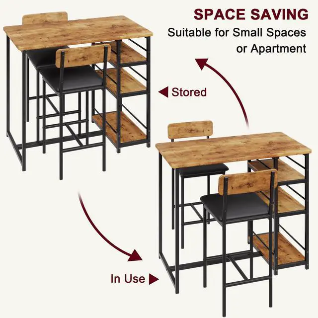 Alt view image 3 of 6 - Bar Table and Chair Set with Three Shelves Small 2-Person Dining Table with 2 Upholstered Stools with Backrests Suitable for Restaurants and Bistros -Vintage Color