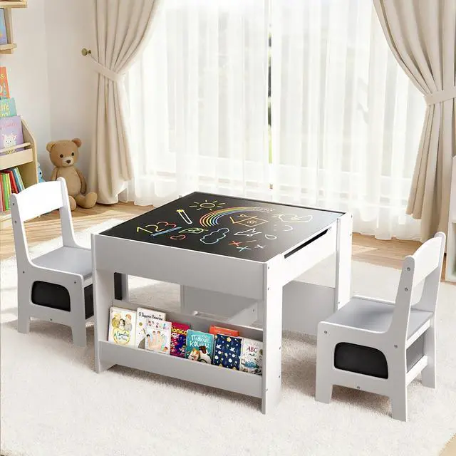 Main image of Kids Table and Chairs Set, 4 in 1 Toddler Art Desk with Storage Drawer, Wooden Activity Deskboard, Blackboard, Reversible & Detachable Tabletop, Bookshelf for Drawing, Reading (Grey & White)