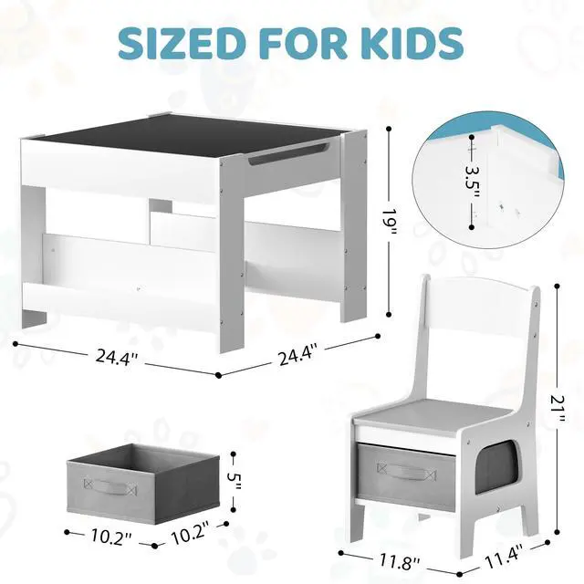 Alt view image 2 of 6 - Kids Table and Chairs Set, 4 in 1 Toddler Art Desk with Storage Drawer, Wooden Activity Deskboard, Blackboard, Reversible & Detachable Tabletop, Bookshelf for Drawing, Reading (Grey & White)