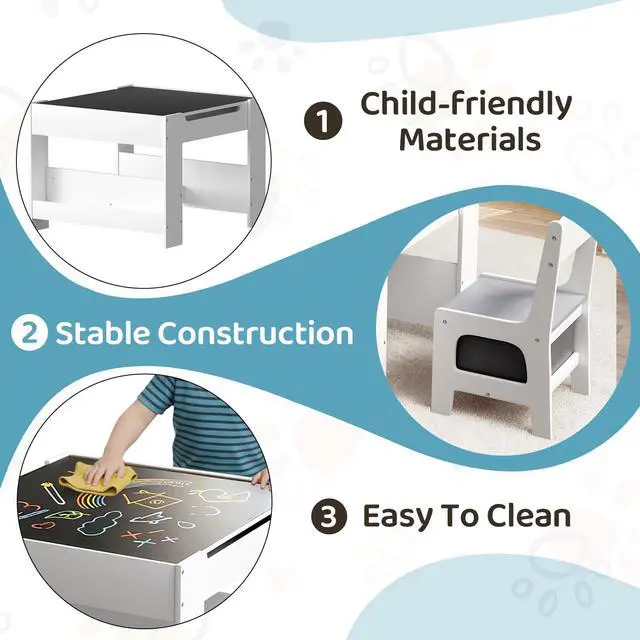 Alt view image 3 of 6 - Kids Table and Chairs Set, 4 in 1 Toddler Art Desk with Storage Drawer, Wooden Activity Deskboard, Blackboard, Reversible & Detachable Tabletop, Bookshelf for Drawing, Reading (Grey & White)