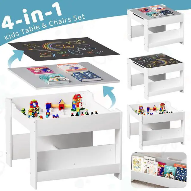 Alt view image 4 of 6 - Kids Table and Chairs Set, 4 in 1 Toddler Art Desk with Storage Drawer, Wooden Activity Deskboard, Blackboard, Reversible & Detachable Tabletop, Bookshelf for Drawing, Reading (Grey & White)