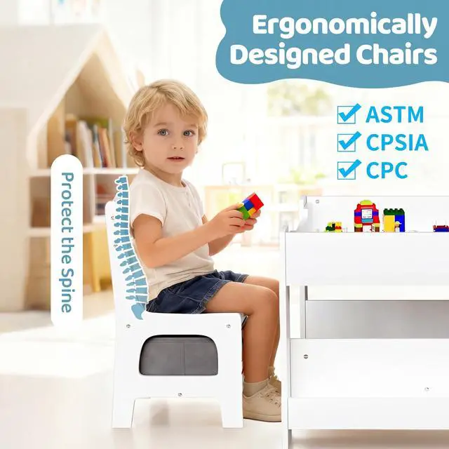 Alt view image 6 of 6 - Kids Table and Chairs Set, 4 in 1 Toddler Art Desk with Storage Drawer, Wooden Activity Deskboard, Blackboard, Reversible & Detachable Tabletop, Bookshelf for Drawing, Reading (Grey & White)
