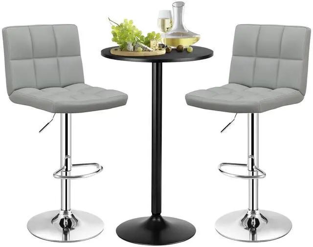 Main image of 3-Piece Bar Table Set, Round Cocktail Table and PU Leather Adjustable Swivel Chairs, Modern Counter Height Table Set with 2 Bar Stools for Kitchen, Office, Grey