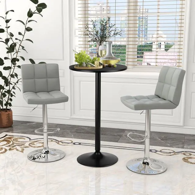 Alt view image 2 of 6 - 3-Piece Bar Table Set, Round Cocktail Table and PU Leather Adjustable Swivel Chairs, Modern Counter Height Table Set with 2 Bar Stools for Kitchen, Office, Grey