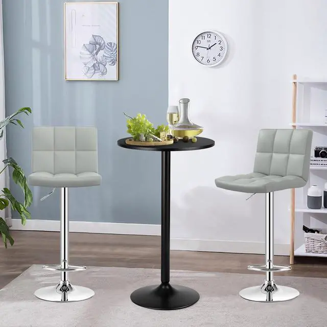 Alt view image 3 of 6 - 3-Piece Bar Table Set, Round Cocktail Table and PU Leather Adjustable Swivel Chairs, Modern Counter Height Table Set with 2 Bar Stools for Kitchen, Office, Grey
