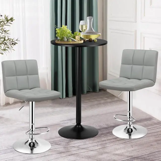 Alt view image 4 of 6 - 3-Piece Bar Table Set, Round Cocktail Table and PU Leather Adjustable Swivel Chairs, Modern Counter Height Table Set with 2 Bar Stools for Kitchen, Office, Grey