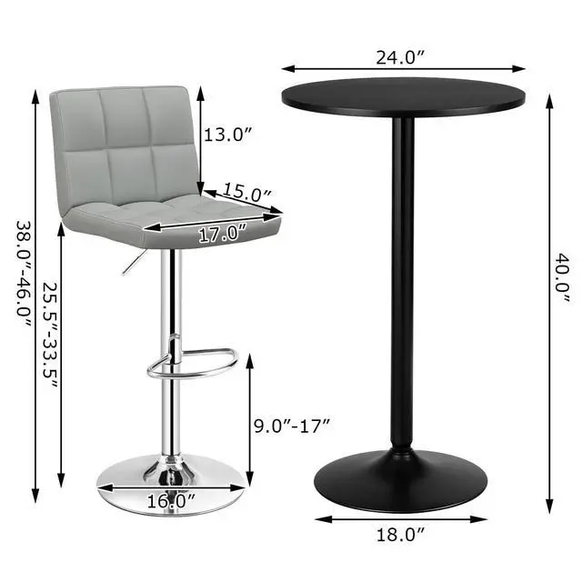 Alt view image 5 of 6 - 3-Piece Bar Table Set, Round Cocktail Table and PU Leather Adjustable Swivel Chairs, Modern Counter Height Table Set with 2 Bar Stools for Kitchen, Office, Grey