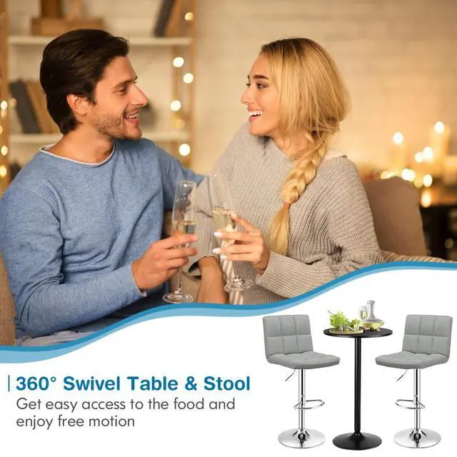 Alt view image 6 of 6 - 3-Piece Bar Table Set, Round Cocktail Table and PU Leather Adjustable Swivel Chairs, Modern Counter Height Table Set with 2 Bar Stools for Kitchen, Office, Grey