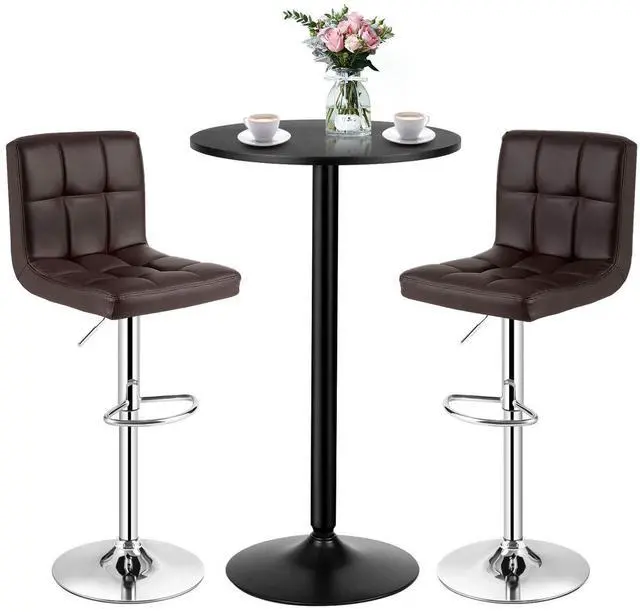 Main image of 3-Piece Bar Table Set, Round Cocktail Table and PU Leather Adjustable Swivel Chairs, Modern Counter Height Table Set with 2 Bar Stool for Kitchen, Office (Brown)