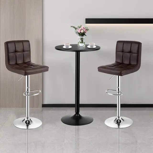 Alt view image 2 of 6 - 3-Piece Bar Table Set, Round Cocktail Table and PU Leather Adjustable Swivel Chairs, Modern Counter Height Table Set with 2 Bar Stool for Kitchen, Office (Brown)