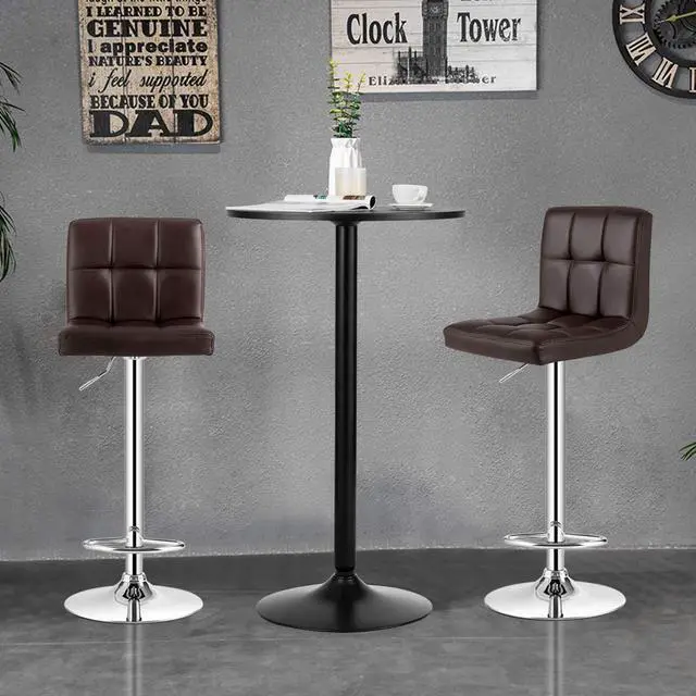 Alt view image 3 of 6 - 3-Piece Bar Table Set, Round Cocktail Table and PU Leather Adjustable Swivel Chairs, Modern Counter Height Table Set with 2 Bar Stool for Kitchen, Office (Brown)
