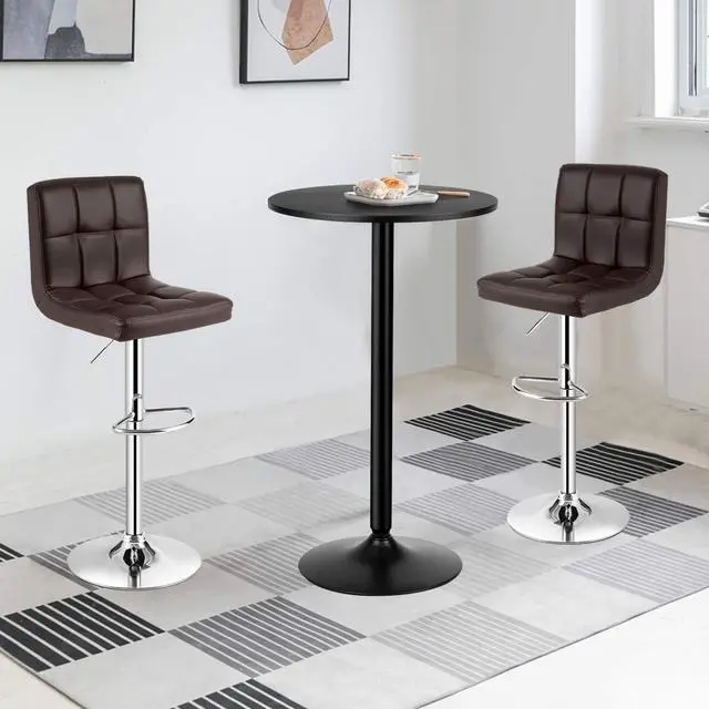 Alt view image 4 of 6 - 3-Piece Bar Table Set, Round Cocktail Table and PU Leather Adjustable Swivel Chairs, Modern Counter Height Table Set with 2 Bar Stool for Kitchen, Office (Brown)