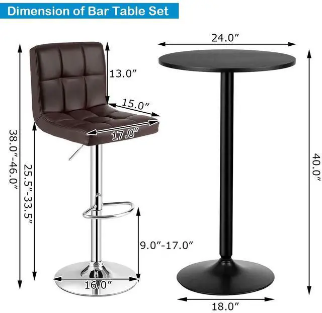 Alt view image 5 of 6 - 3-Piece Bar Table Set, Round Cocktail Table and PU Leather Adjustable Swivel Chairs, Modern Counter Height Table Set with 2 Bar Stool for Kitchen, Office (Brown)