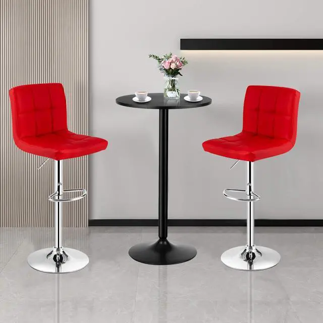 Alt view image 2 of 6 - 3-Piece Bar Table Set, Round Cocktail Table and PU Leather Adjustable Swivel Chairs, Modern Counter Height Table Set with 2 Bar Stool for Kitchen, Office (Red)