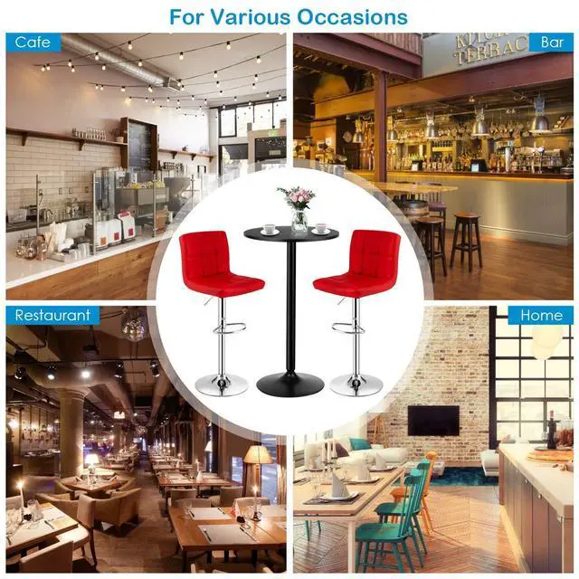 Alt view image 3 of 6 - 3-Piece Bar Table Set, Round Cocktail Table and PU Leather Adjustable Swivel Chairs, Modern Counter Height Table Set with 2 Bar Stool for Kitchen, Office (Red)