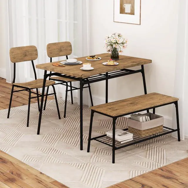 Alt view image 2 of 6 - 4-Piece Dining Table Set for 4, Industrial Rectangular Kitchen Table with Bench and 2 Chairs, Storage Racks, Metal Frame, Space-Saving Dinette Set for Dining Room, Living Room, Breakfast Nook