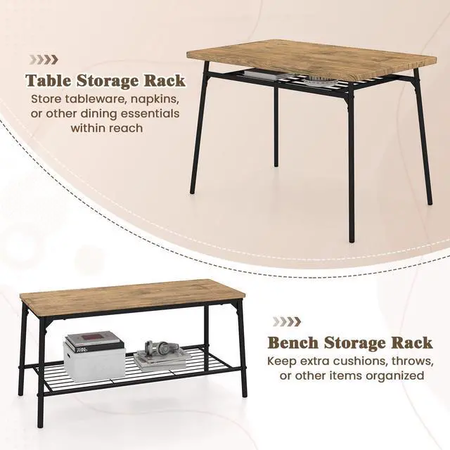 Alt view image 4 of 6 - 4-Piece Dining Table Set for 4, Industrial Rectangular Kitchen Table with Bench and 2 Chairs, Storage Racks, Metal Frame, Space-Saving Dinette Set for Dining Room, Living Room, Breakfast Nook
