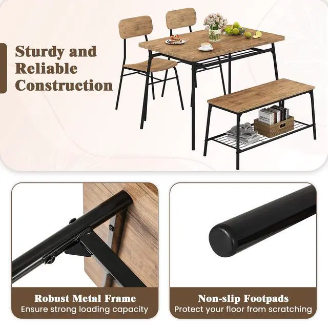 Alt view image 5 of 6 - 4-Piece Dining Table Set for 4, Industrial Rectangular Kitchen Table with Bench and 2 Chairs, Storage Racks, Metal Frame, Space-Saving Dinette Set for Dining Room, Living Room, Breakfast Nook