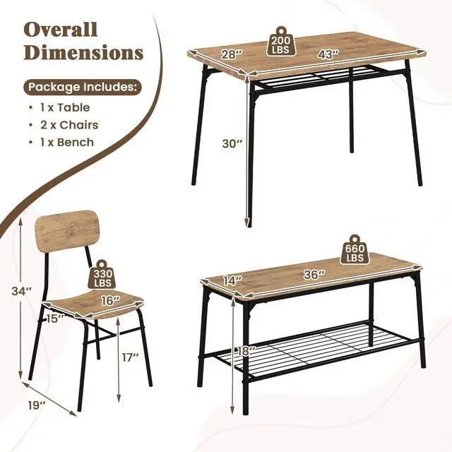 Alt view image 6 of 6 - 4-Piece Dining Table Set for 4, Industrial Rectangular Kitchen Table with Bench and 2 Chairs, Storage Racks, Metal Frame, Space-Saving Dinette Set for Dining Room, Living Room, Breakfast Nook