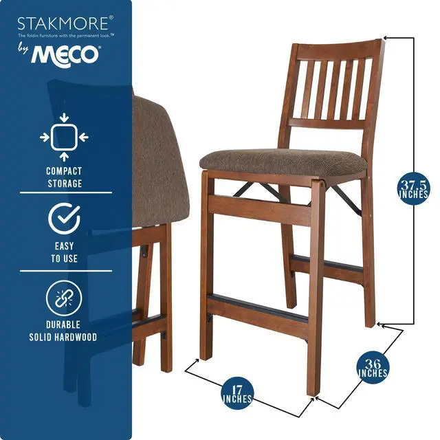 Alt view image 3 of 6 - MECO Premium Solid Wood Dining Table Folding Counter Stools Set with Fabric Padded Upholstered Seat, Espresso (2 Pack)