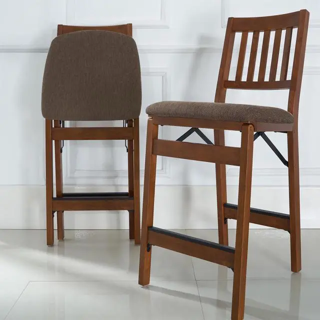 Alt view image 5 of 6 - MECO Premium Solid Wood Dining Table Folding Counter Stools Set with Fabric Padded Upholstered Seat, Espresso (2 Pack)