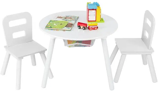 Main image of Kids Table and Chair Set, Wooden Children Activity Table and 2 Chairs for Art & Craft, Storage Mesh Basket, 3-Piece Toddler Furniture Set for Daycare & Playroom, Gift for Boys Girls (White)