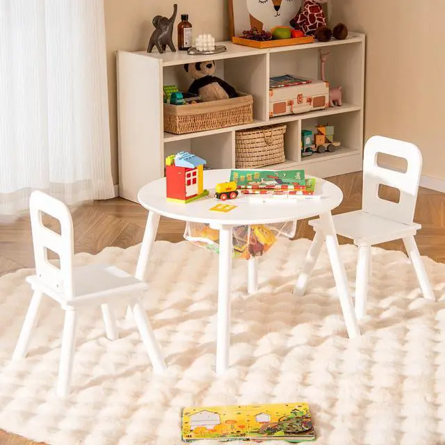 Alt view image 2 of 6 - Kids Table and Chair Set, Wooden Children Activity Table and 2 Chairs for Art & Craft, Storage Mesh Basket, 3-Piece Toddler Furniture Set for Daycare & Playroom, Gift for Boys Girls (White)