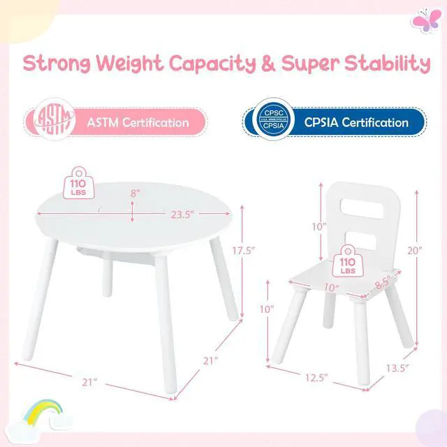 Alt view image 3 of 6 - Kids Table and Chair Set, Wooden Children Activity Table and 2 Chairs for Art & Craft, Storage Mesh Basket, 3-Piece Toddler Furniture Set for Daycare & Playroom, Gift for Boys Girls (White)