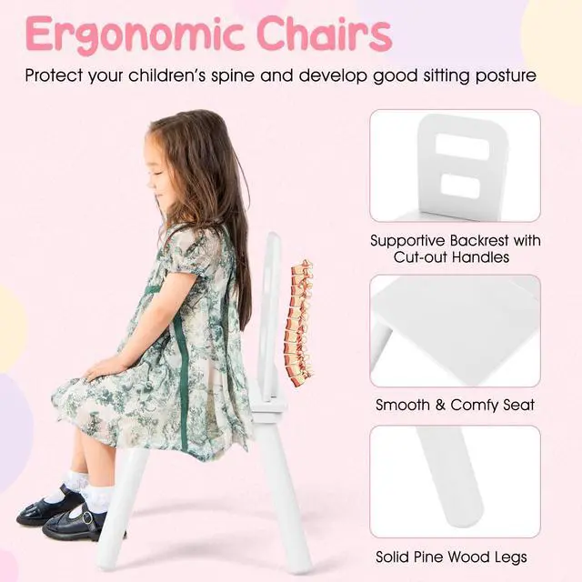Alt view image 5 of 6 - Kids Table and Chair Set, Wooden Children Activity Table and 2 Chairs for Art & Craft, Storage Mesh Basket, 3-Piece Toddler Furniture Set for Daycare & Playroom, Gift for Boys Girls (White)