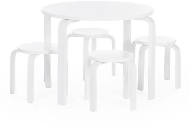 Main image of Nordic Table and Stools Set for Kids: White - Stacking Bentwood Stools with Curved Wood Toddler Activity Table - Children's Modern Bedroom, Playroom, and Living Room Furniture