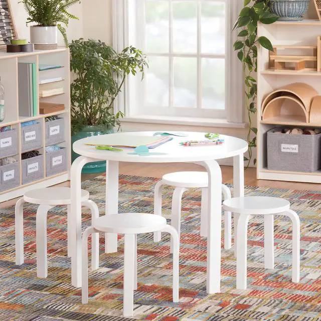 Alt view image 2 of 6 - Nordic Table and Stools Set for Kids: White - Stacking Bentwood Stools with Curved Wood Toddler Activity Table - Children's Modern Bedroom, Playroom, and Living Room Furniture