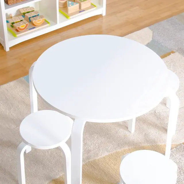 Alt view image 3 of 6 - Nordic Table and Stools Set for Kids: White - Stacking Bentwood Stools with Curved Wood Toddler Activity Table - Children's Modern Bedroom, Playroom, and Living Room Furniture