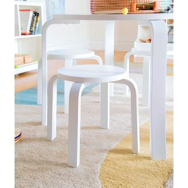 Alt view image 4 of 6 - Nordic Table and Stools Set for Kids: White - Stacking Bentwood Stools with Curved Wood Toddler Activity Table - Children's Modern Bedroom, Playroom, and Living Room Furniture