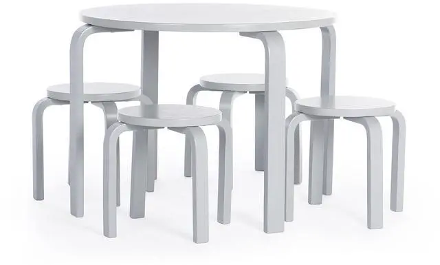 Main image of Nordic Table and Stools Set for Toddlers: Gray - Stacking Bentwood Stools with Curved Wood Activity Play Table - Toddler's Modern Kitchen, Playroom and Classroom Furniture
