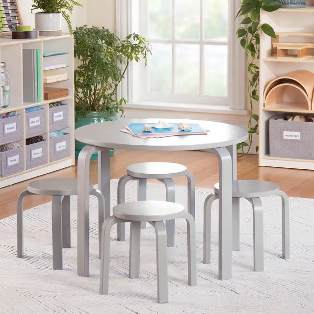 Alt view image 2 of 6 - Nordic Table and Stools Set for Toddlers: Gray - Stacking Bentwood Stools with Curved Wood Activity Play Table - Toddler's Modern Kitchen, Playroom and Classroom Furniture
