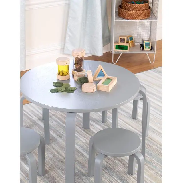 Alt view image 3 of 6 - Nordic Table and Stools Set for Toddlers: Gray - Stacking Bentwood Stools with Curved Wood Activity Play Table - Toddler's Modern Kitchen, Playroom and Classroom Furniture