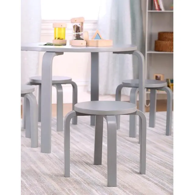 Alt view image 4 of 6 - Nordic Table and Stools Set for Toddlers: Gray - Stacking Bentwood Stools with Curved Wood Activity Play Table - Toddler's Modern Kitchen, Playroom and Classroom Furniture