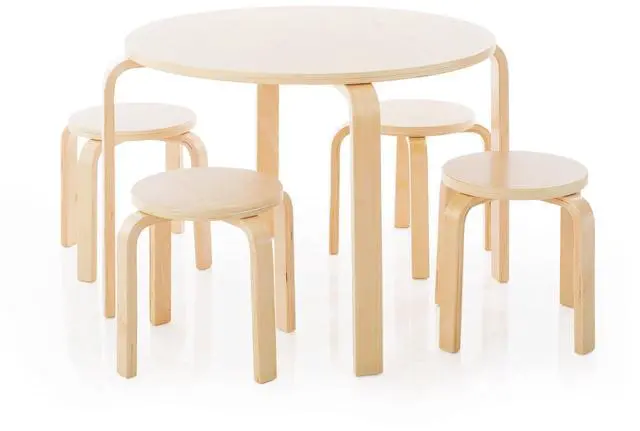 Main image of Nordic Table and Stools Set for Kids: Natural - 4 Stacking Bentwood Stools with Curved Wood Activity Table - Children's Modern Kitchen, Playroom and Classroom Furniture
