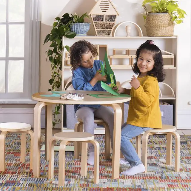 Alt view image 2 of 6 - Nordic Table and Stools Set for Kids: Natural - 4 Stacking Bentwood Stools with Curved Wood Activity Table - Children's Modern Kitchen, Playroom and Classroom Furniture