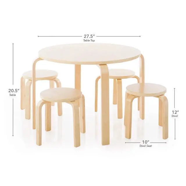 Alt view image 3 of 6 - Nordic Table and Stools Set for Kids: Natural - 4 Stacking Bentwood Stools with Curved Wood Activity Table - Children's Modern Kitchen, Playroom and Classroom Furniture
