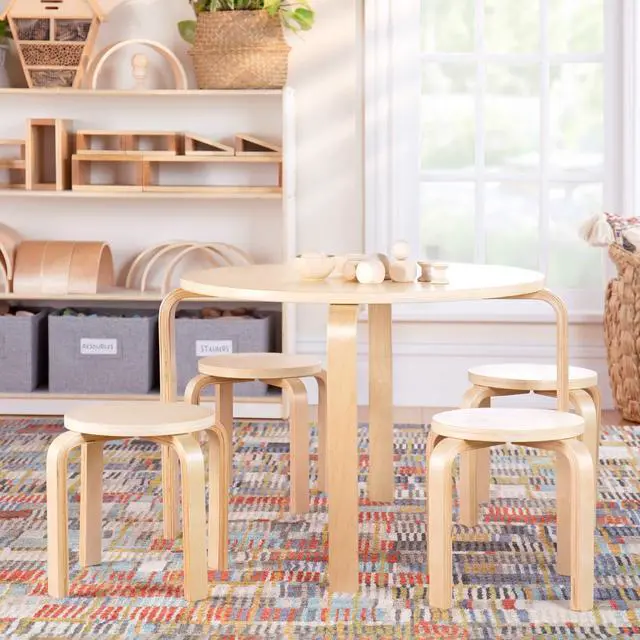 Alt view image 6 of 6 - Nordic Table and Stools Set for Kids: Natural - 4 Stacking Bentwood Stools with Curved Wood Activity Table - Children's Modern Kitchen, Playroom and Classroom Furniture