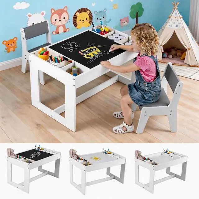 Main image of Table and Chairs for Kids 2-5, 4-1 Wooden Activity Art Desk Set w/Whiteboard, Chalkboard & Storage Cubes for Drawing, Crafting, Playing, Toddler Table and Chair Set (31.5 x 19.5 x 19,Gray)