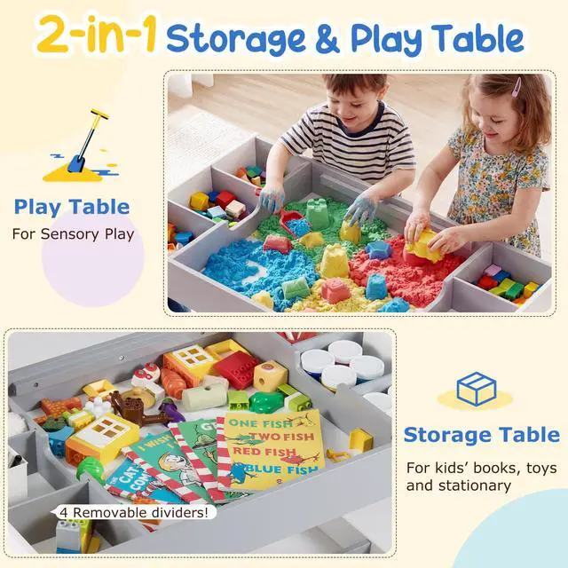 Alt view image 3 of 6 - Table and Chairs for Kids 2-5, 4-1 Wooden Activity Art Desk Set w/Whiteboard, Chalkboard & Storage Cubes for Drawing, Crafting, Playing, Toddler Table and Chair Set (31.5 x 19.5 x 19,Gray)