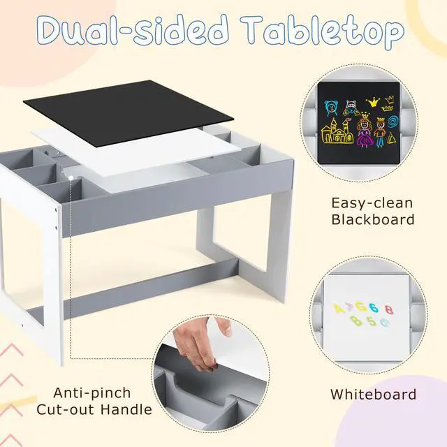 Alt view image 4 of 6 - Table and Chairs for Kids 2-5, 4-1 Wooden Activity Art Desk Set w/Whiteboard, Chalkboard & Storage Cubes for Drawing, Crafting, Playing, Toddler Table and Chair Set (31.5 x 19.5 x 19,Gray)