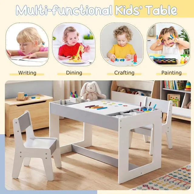 Alt view image 5 of 6 - Table and Chairs for Kids 2-5, 4-1 Wooden Activity Art Desk Set w/Whiteboard, Chalkboard & Storage Cubes for Drawing, Crafting, Playing, Toddler Table and Chair Set (31.5 x 19.5 x 19,Gray)